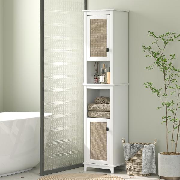 Coluna Casa de Banho com Prateleira Ajustável 2 Portas em Vime e 2 Compartimentos Estilo Boho 40x30x167,5 cm Branco
