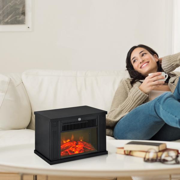 Lareira Elétrica Portátil com Termostato Ajustável 600W/1200W e Efeito de Chama Realista 34x17x25cm Preta