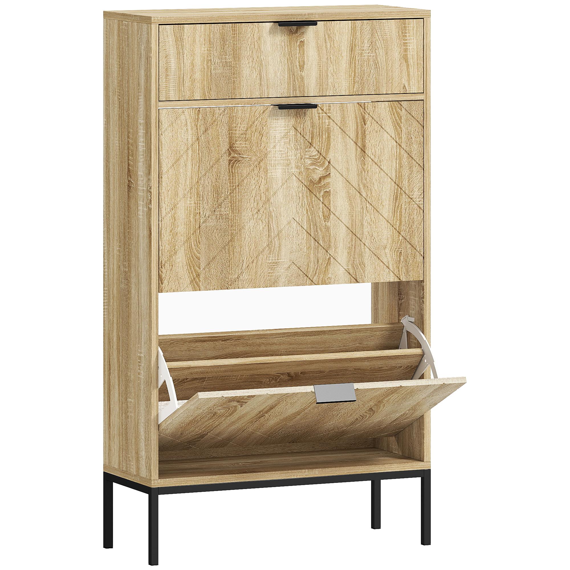 Sapateira Estreita com 2 Portas Gaveta e Prateleiras Ajustáveis para 8 Pares de Sapatos 60x24x105,5 cm Madeira