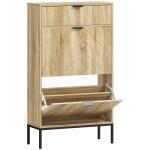 Sapateira Estreita com 2 Portas Gaveta e Prateleiras Ajustáveis para 8 Pares de Sapatos 60x24x105,5 cm Madeira