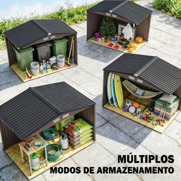 Abrigo de Jardim 277x195x192 cm Metálico para Armazenamento de Ferramentas com Base de Reforço Incluída Madeira