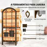 Porta - Lenha Metálico de 2 Níveis com 4 Ferramentas para Lareira e Ganchos 43x30x74 cm Castanho Escuro