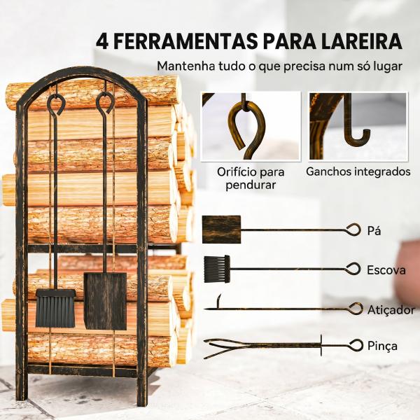 Porta - Lenha Metálico de 2 Níveis com 4 Ferramentas para Lareira e Ganchos 43x30x74 cm Castanho Escuro