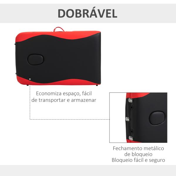 Marquesa de Massagem Dobrável e Portátil com Altura Ajustável Apoio para a Cabeça e Apoio para os Braços 215x60x61 - 84 cm Preto e Vermelho