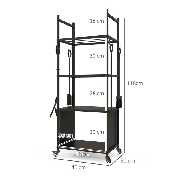 Suporte para Lenha com Rodas de 4 Níveis com Pá Escova Atiçador e Tenaz para Interior e Exterior 45x30x118 cm Preto