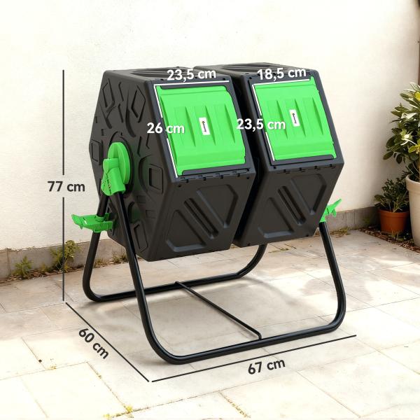 Compostor Giratório de 130L Recipiente de Compostagem de Jardim de Dupla Câmara com Aberturas de Ventilação 67x60x77 cm Preto e Verde
