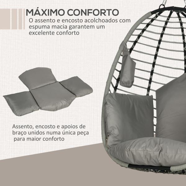 Cadeira Supensa com Suporte com Cesta Dobrável Almofada e Apoio para a Cabeça 110x100x188 cm Cinza e Preto