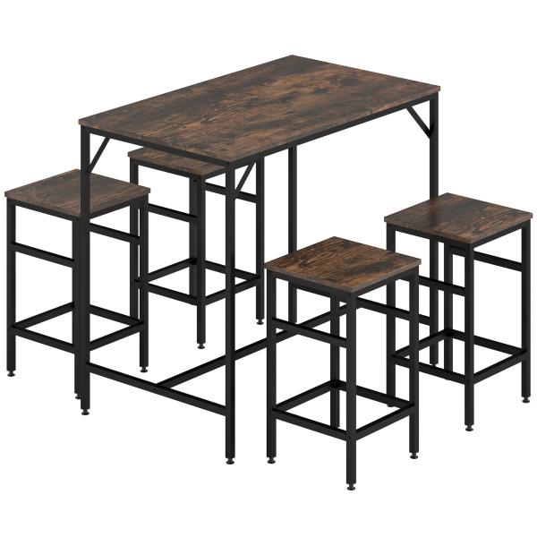 Conjunto de Mesa de Bar com 4 Bancos com Apoio para os Pés Mesa de 100x60x88cm e Bancos de 32x32x57cm Preto e Nogueira