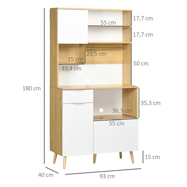 Armário de Cozinha com 3 Portas Gaveta Prateleira Ajustável Bancada para Micro - Ondas e Suporte para Panos 93x40x180 cm Madeira e Branco