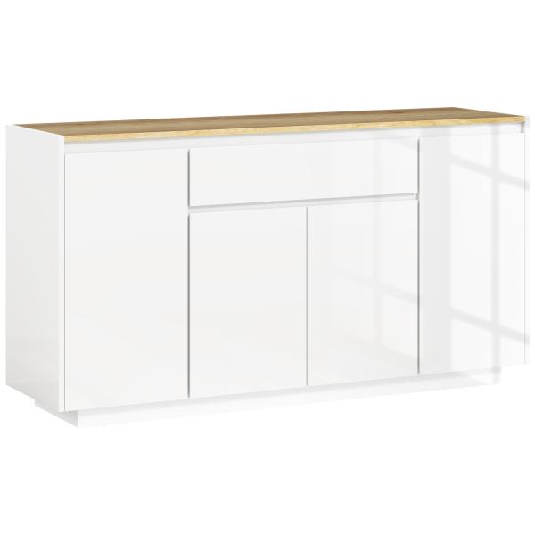 Aparador de Sala de Estar com 4 Portas Gaveta e Prateleiras Ajustáveis 140x40x75 cm Madeira e Branco Brilhante