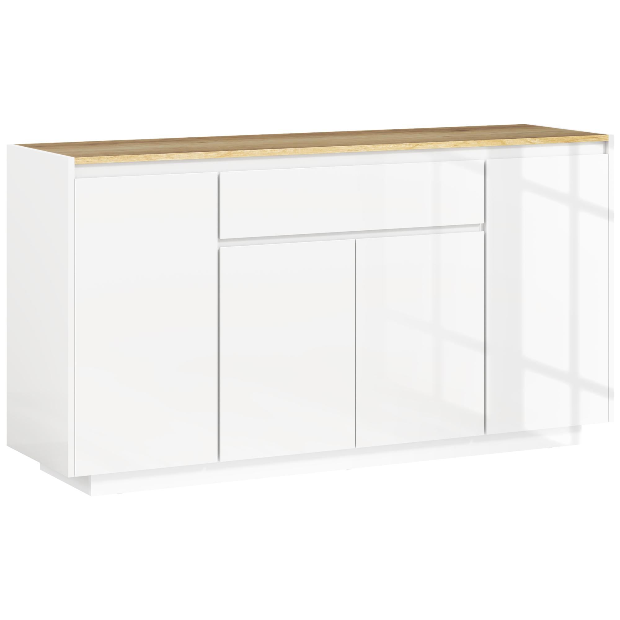 Aparador de Sala de Estar com 4 Portas Gaveta e Prateleiras Ajustáveis 140x40x75 cm Madeira e Branco Brilhante
