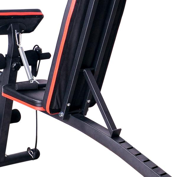 Banco de Musculação com Encosto Ajustável em 7 Posições Extensão de Pernas Apoio para Bíceps e Banda de Resistência para Treino Completo em Casa 54x160x106cm Preto e Vermelho