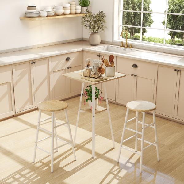 Mesa Alta de Cozinha Quadrada com Prateleira Mesa Alta de Bar para 2 Pessoas Pernas de Metal 55x55x95 cm Madeira e Branco