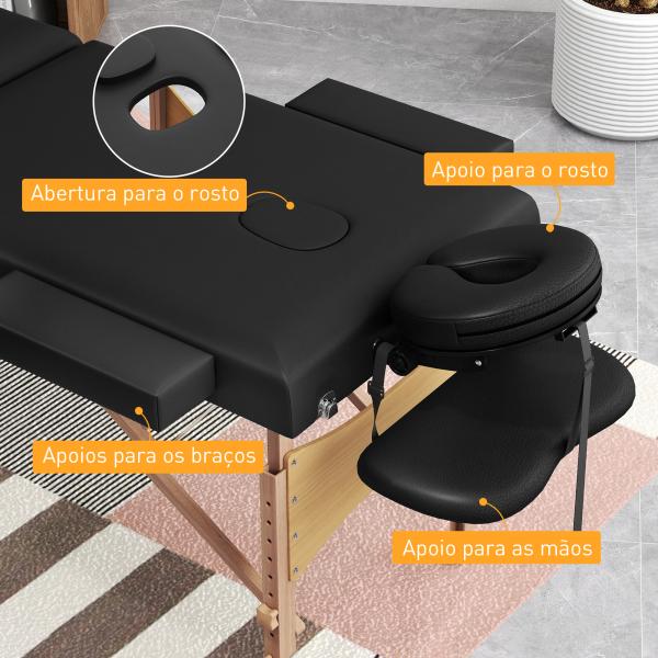 Marquesa de Massagem Dobrável Portátil com Altura Ajustável Apoio de Cabeça Apoios de Braço Acolchoados 215x60x64 - 89 cm Preto