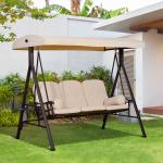 Banco Baloiço de Jardim de 3 Lugares com Teto 2 Almofadas Suporte para Bebidas e Estrutura de Metal para Terraço Balcão Exterior Carga Máxima 360kg 207x120,5x174cm Bege
