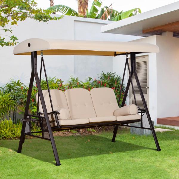 Banco Baloiço de Jardim de 3 Lugares com Teto 2 Almofadas Suporte para Bebidas e Estrutura de Metal para Terraço Balcão Exterior Carga Máxima 360kg 207x120,5x174cm Bege