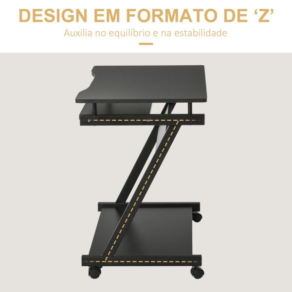 Secretária para Computador com Rodas 60x48 cm com Prateleira Deslizante para Teclado e Prateleira Inferior Estrutura Metálica Preto
