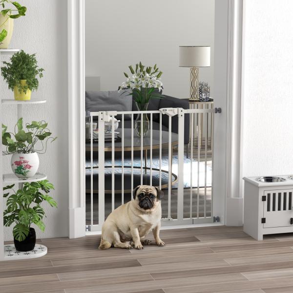 Barreira de Segurança para Cães 74 - 94 cm com Extensão, Montagem por Pressão e Bloqueio Duplo, Branco