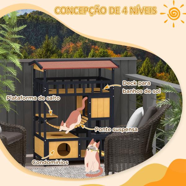 Casa para Gatos de Madeira 84x60x116 cm Abrigo para Gatos de 4 Níveis para Exterior com Ponte Suspensa Varanda Natural