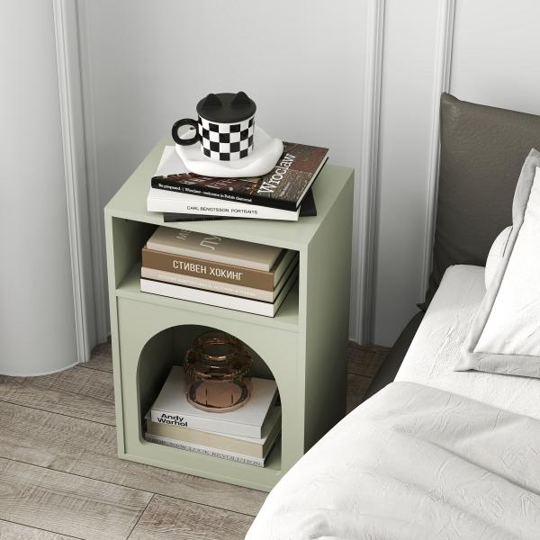 Mesa de Cabeceira Estreita com 2 Compartimentos Abertos e Design em Arco 40x30x60 cm Verde - Claro