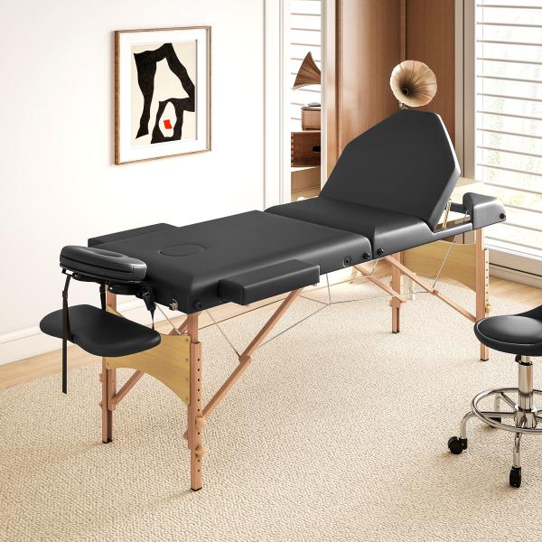 Marquesa de Massagem Dobrável Portátil com Altura Ajustável Apoio de Cabeça Apoios de Braço Acolchoados 215x60x64 - 89 cm Preto