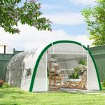 Estufa de Exterior 6x3x2 m Estufa de Túnel com Porta Enrolável 8 Janelas com Rede Cobertura PE 140g/m² Estrutura em Aço Branco