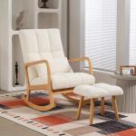 Poltrona de Baloiço com Apoio para os Pés Estofado em Bouclé com Almofada Acolchoada Encosto Ergonómico Apoios de Braços e Pés de Madeira 64,5x82x89 cm Branco