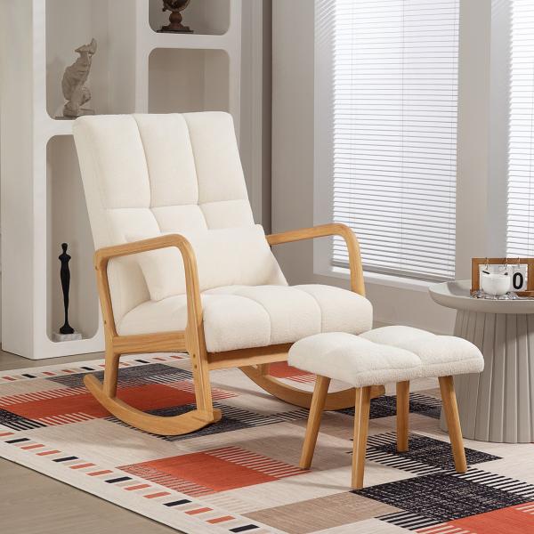 Poltrona de Baloiço com Apoio para os Pés Estofado em Bouclé com Almofada Acolchoada Encosto Ergonómico Apoios de Braços e Pés de Madeira 64,5x82x89 cm Branco