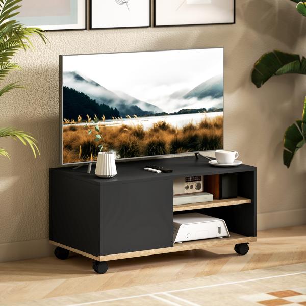 Móvel de TV com Rodas para Televisores até 42 Polegadas com 1 Porta 2 Compartimentos Abertos Prateleira 80x45x41 cm Preto