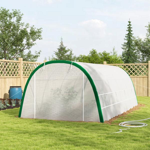 Estufa de Exterior 6x3x2 m Estufa de Túnel com Porta Enrolável 8 Janelas com Rede Cobertura PE 140g/m² Estrutura em Aço Branco