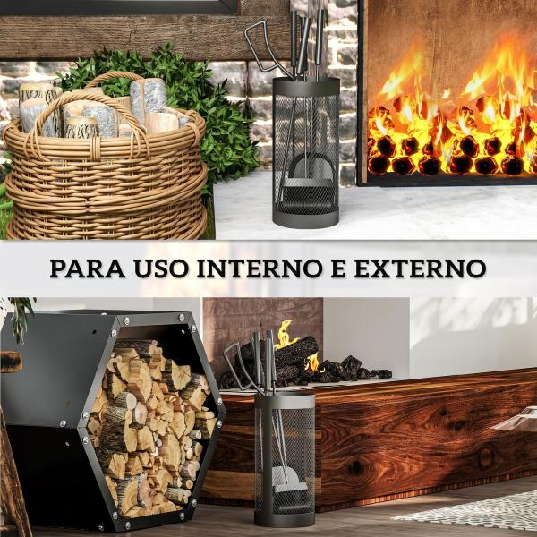 Conjunto para Lareira de 5 Peças em Metal com Escova, Pá, Tenaz, Atiçador e Suporte Ø16x33,5 cm Preto