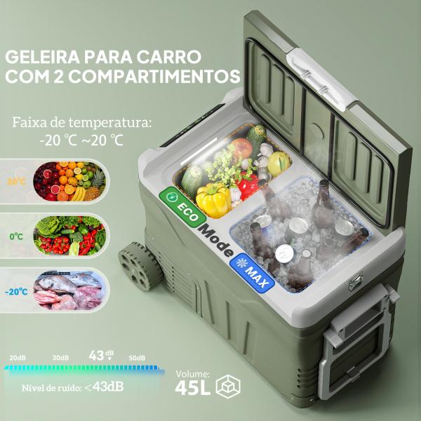 Geleira Portátil Elétrica 45L Geleira de Carro - 20℃ a +20℃ 12V/24V com Rodas Compressor e Ecrã LED 64,5x43,5x53 cm Verde
