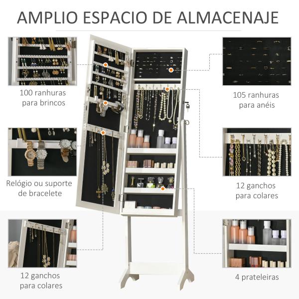 Espelho Joalheiro de Pé com Ângulos Ajustáveis Fechadura Magnética Organizador de Joias com Prateleiras 46x36,5x151,5cm Branco