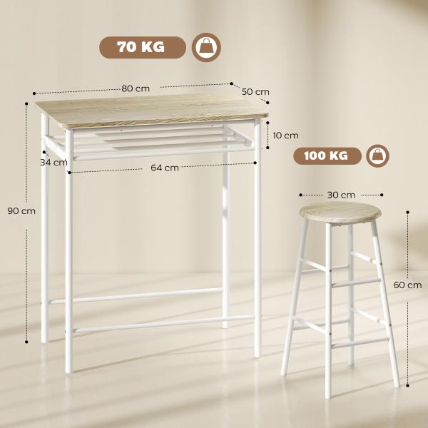 Conjunto de Móvel Bar com Mesa Alta e 2 Bancos com Prateleira de Armazenamento e Estrutura de Metal 80x50x90cm Branco e Madeira