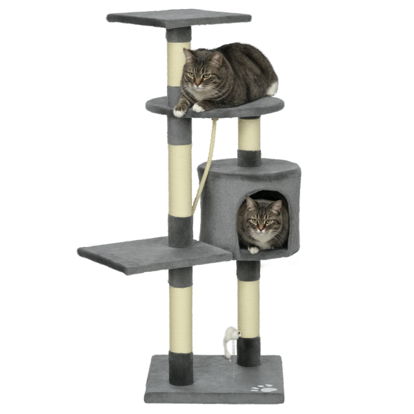 Arranhador para Gatos com 4 Níveis com Poste para Afiar as Garras Caverna Plataformas e Brinquedos 40x40x116 cm Cinzento Escuro
