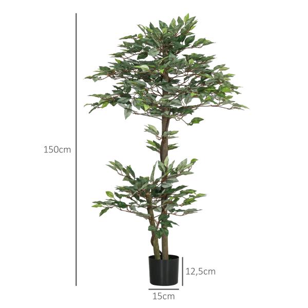 Planta Artificial Ficus 150 cm Planta Artificial com 1008 Folhas Musgo e Vaso para Exterior Casa Sala de Estar Escritório Verde