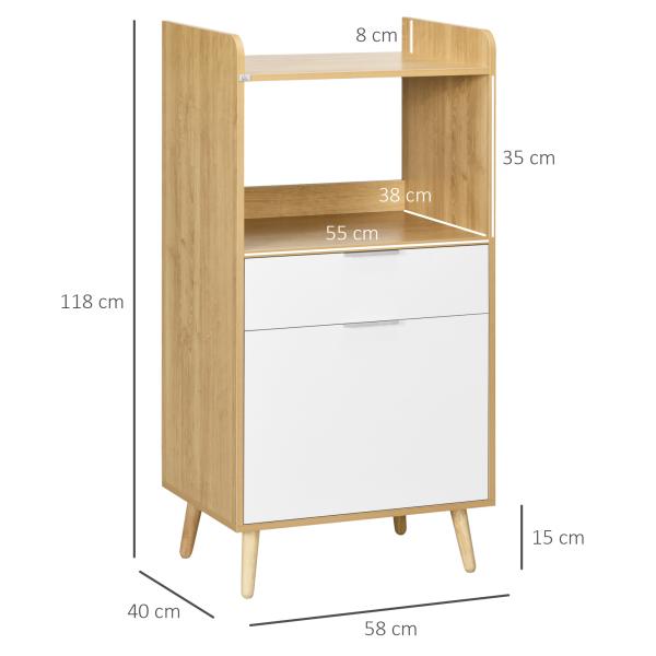 Armário para Micro - ondas em Estilo Escandinavo com Armário, Gaveta e Prateleira Ajustável, 58x40x118 cm, Natural e Branco