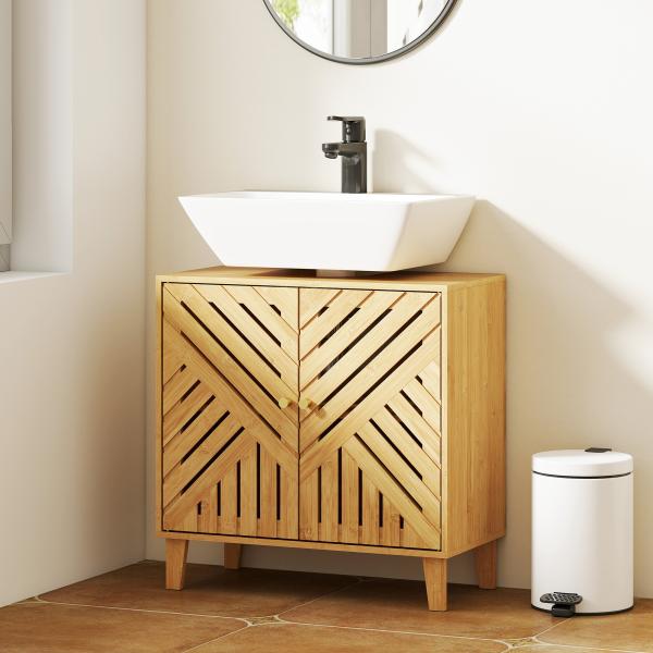 Móvel para Lavatório Pousar em Bambu com Portas Ripadas Armário de Casa de Banho para Lavatório sem Pedestal 60x30x60 cm Madeira