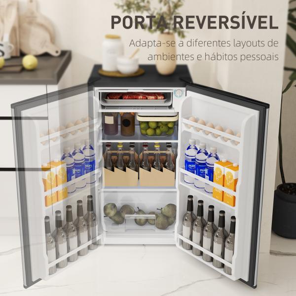 Mini Frigorífico 91L de Capacidade com Compartimento Congelador e Porta Reversível Silencioso 41dB 47,5x44,2x84 cm Preto e Prata