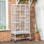 Gaiola para Pássaros com Rodas de 3 Níveis com 3 Poleiros Comedouros Brinquedos Rampas e Prateleira 83x53x180 cm Branco