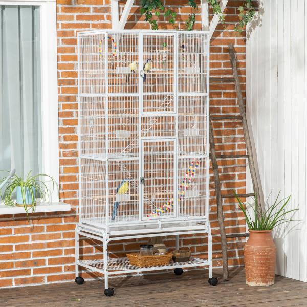 Gaiola para Pássaros com Rodas de 3 Níveis com 3 Poleiros Comedouros Brinquedos Rampas e Prateleira 83x53x180 cm Branco