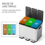 Balde de Lixo de Cozinha com 3 Compartimentos 3x10L com Pedais Tampas com Fechamento Suave e Cubo Amovível 49,6x34,5x38,6 cm Prata