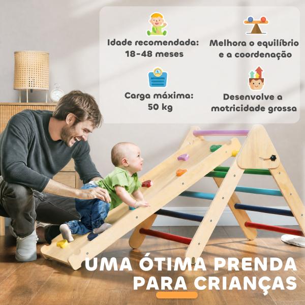 Triângulo de Escalada de Madeira 2 em 1 Escalada para Crianças de 18 - 48 Meses com Rampa para Deslizar ou Escalar 147x64,5x63 cm Multicor