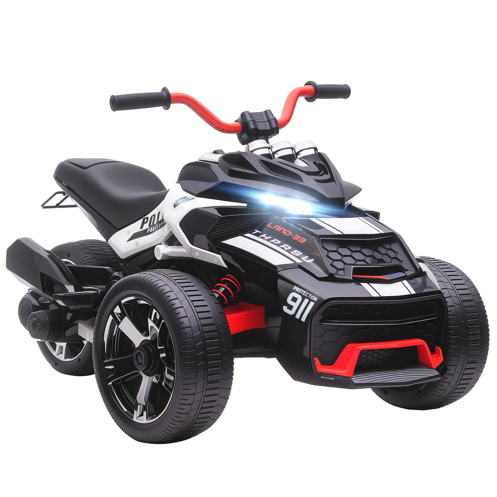 Quadricilo Elétrico para Crianças 12V com 2 Motores Velocidade até 5 km/h 3 Rodas Faróis Buzina Música 113x74x63 cm Preto e Branco