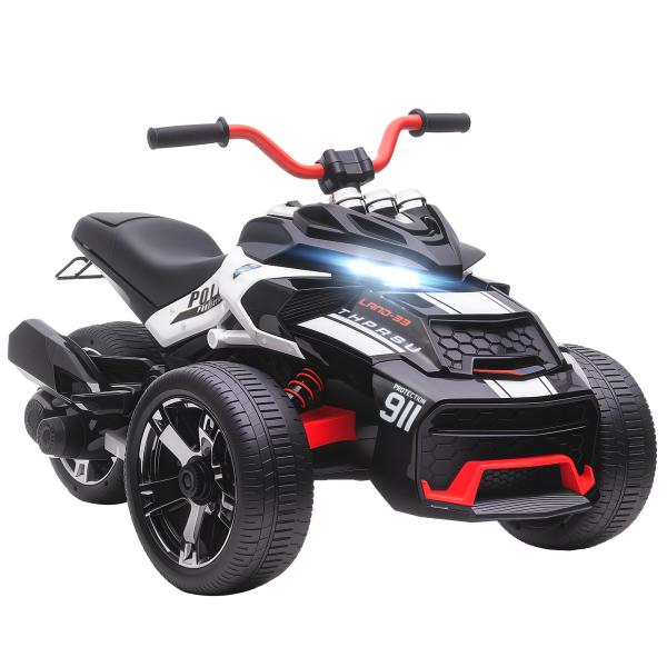 Quadricilo Elétrico para Crianças 12V com 2 Motores Velocidade até 5 km/h 3 Rodas Faróis Buzina Música 113x74x63 cm Preto e Branco