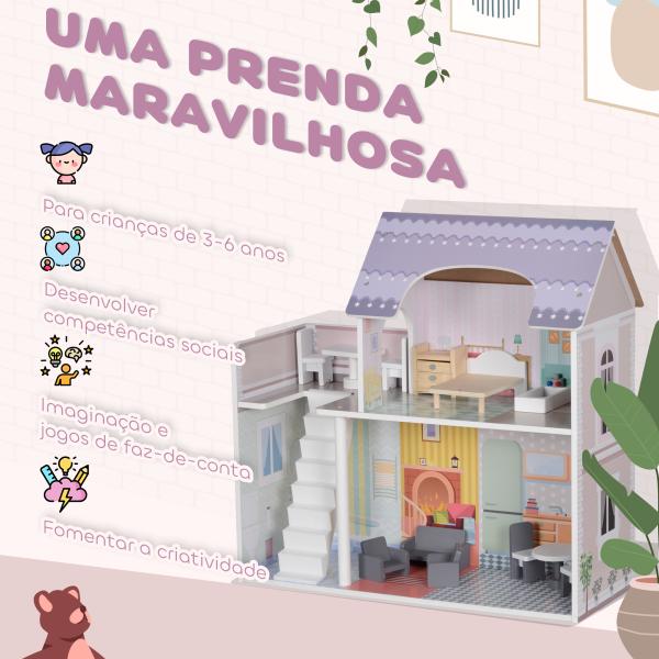 Casa de Bonecas com Móveis e Acessórios Casa de Bonecas de Madeira com Varanda e 2 Andares 60x26,6x60 cm Multicor