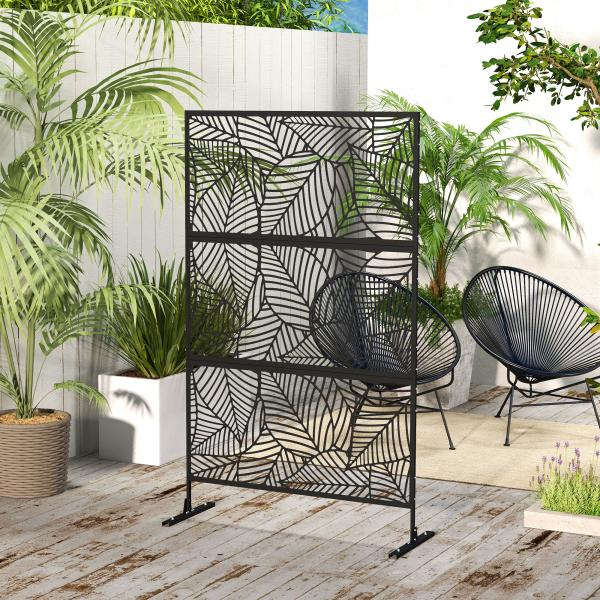 Biombo de 3 Painéis 122x198 cm Biombo Separador de Ambientes com Suporte Design de Folhas Grandes Preto