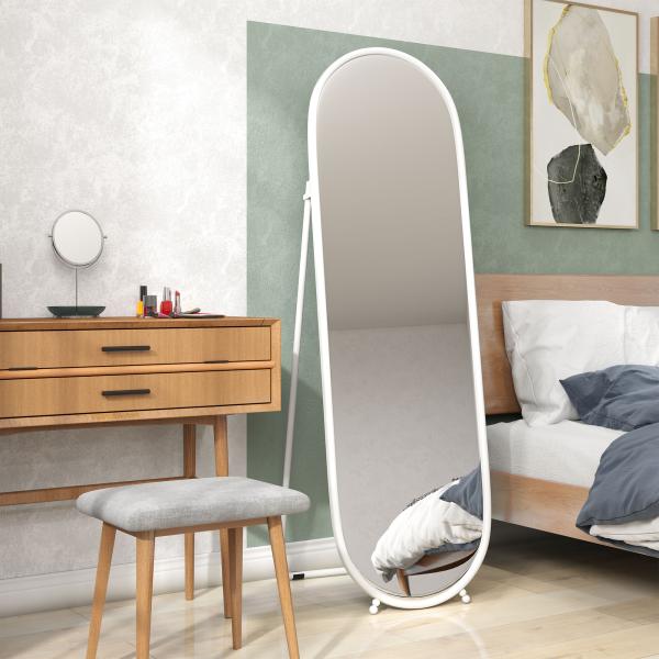 Espelho de Pé Oval 160x40 cm Espelho de Corpo Inteiro com Moldura Metálica Suporte e 2 Formas de Utilização Branco