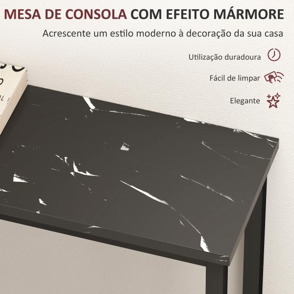 Mesa Consola Moderna Consola de Entrada Estreita com Superfície com Efeito Mármore e Estrutura de Metal 100x20x66 cm Preto
