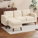 Sofá Chaise Longue Reversível de 3 Lugares Estofado em Veludo Estrutura de Aço Para Salas Pequenas Creme